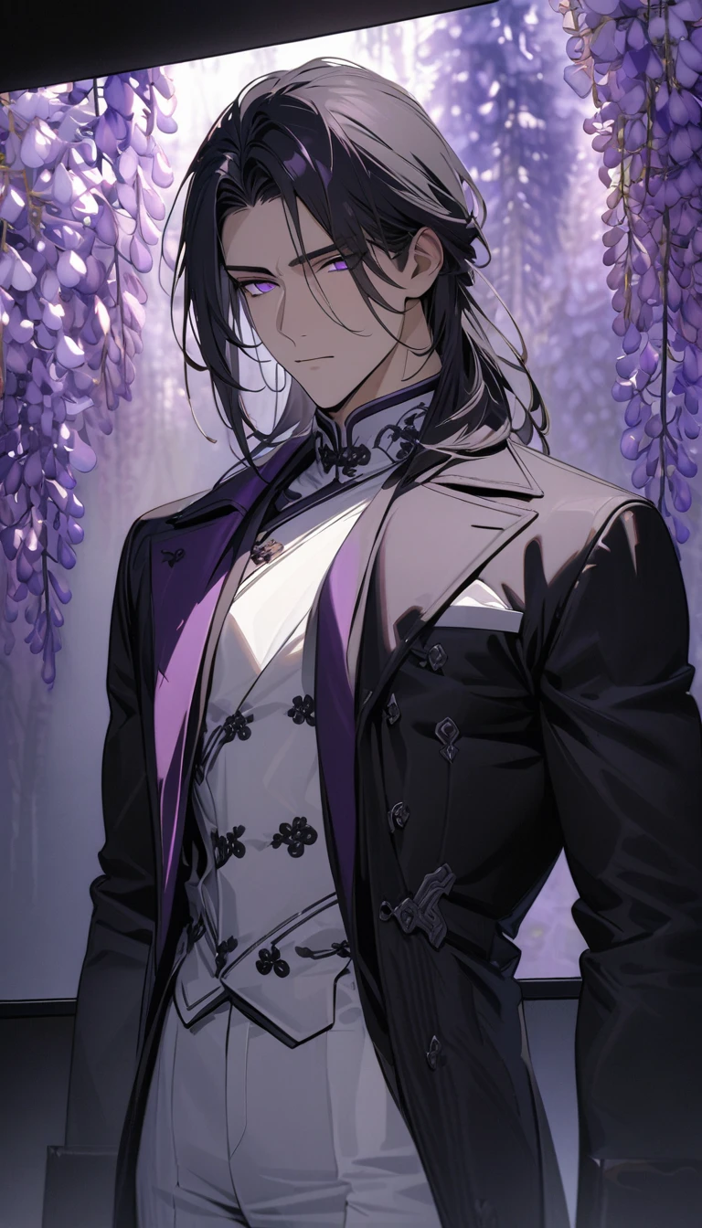 (masterpiece:1.5),best quality,(1 Handsome man),alone,black medium length hair,(purple eyes), (cold and distant expression),elegant,perfect face,Fantasy Chinese style,Long black trench coat,white and purple cloth,Complex clothing design with Chinese elements,Black leather gloves,white lining,White suit pants,Slightly muscular body,High,8K,Beautiful contrast of light and shadow,Dark luxury background,(complete upper body),Positive face,((Wisteria sinensis)),luxury screen,purple flowers