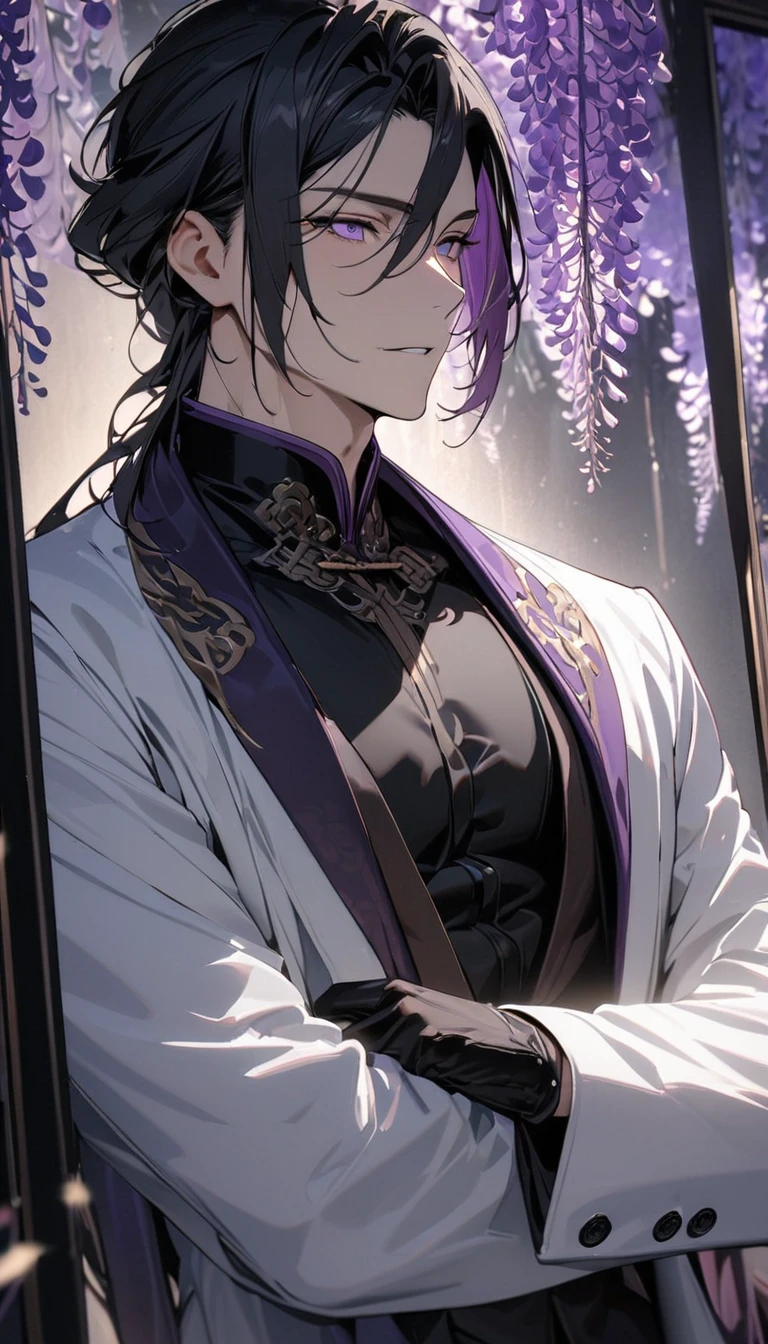 (masterpiece:1.5)，best quality，(1 Handsome man)，alone，black medium length hair，(purple eyes), (cold and distant expression)，elegant，perfect face，Fantasy Chinese style，Long black trench coat，white and purple cloth，Complex clothing design with Chinese elements，Black leather gloves，white lining，White suit pants，Slightly muscular body，High，8K，Beautiful contrast of light and shadow，Dark luxury background，(complete upper body)，Positive face，((Wisteria sinensis))，luxury screen，purple flowers
