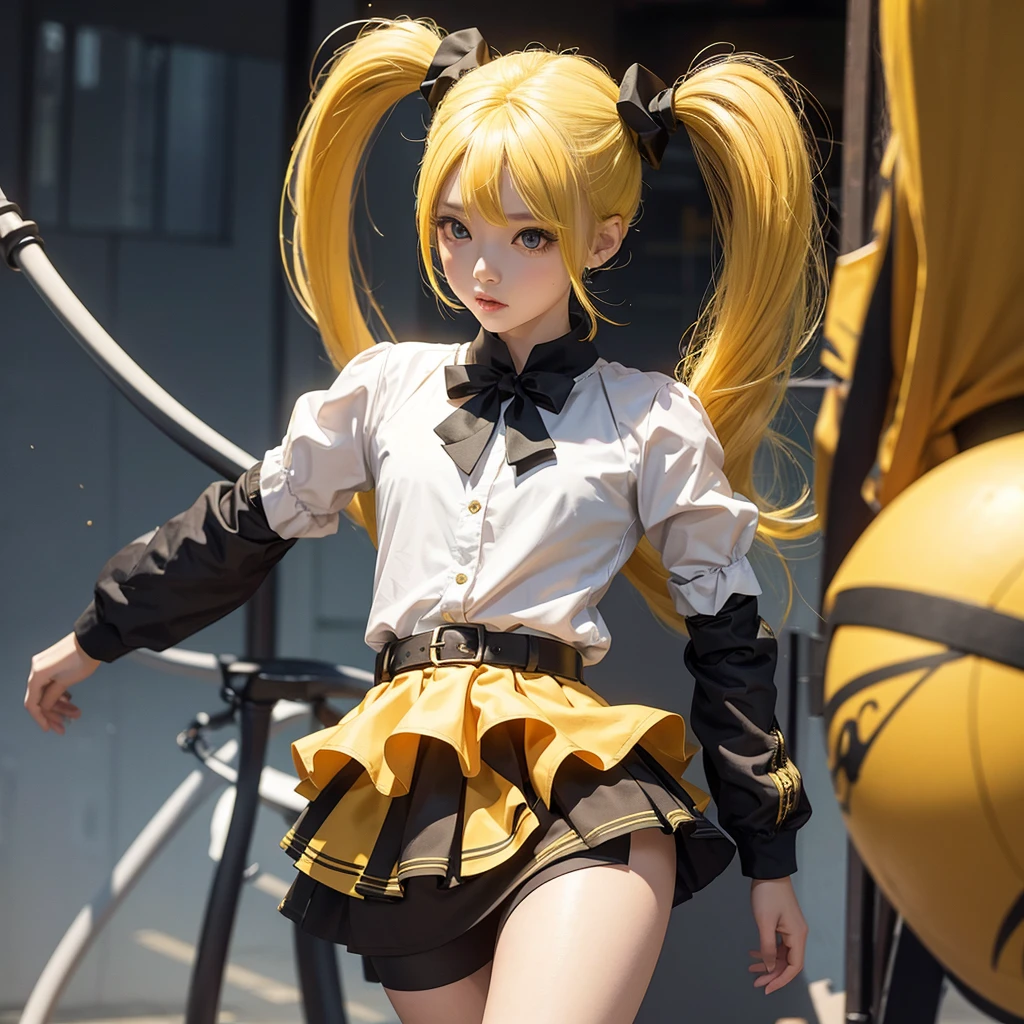 girl in a very short skirt, yellow hair, Twin Tail, full height, 3D wallpaper.