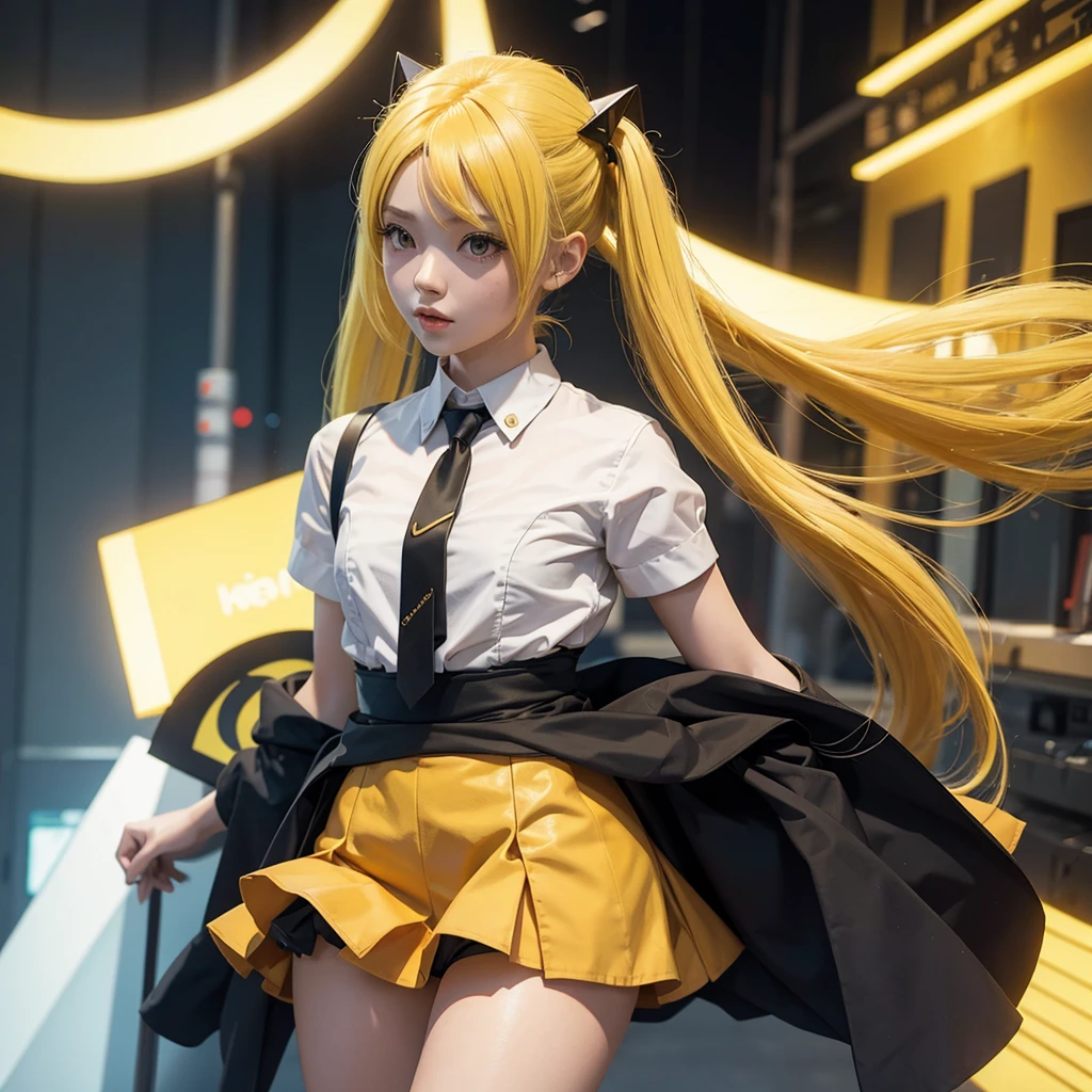 girl in a very short skirt, yellow hair, Twin Tail, full height, 3D wallpaper.