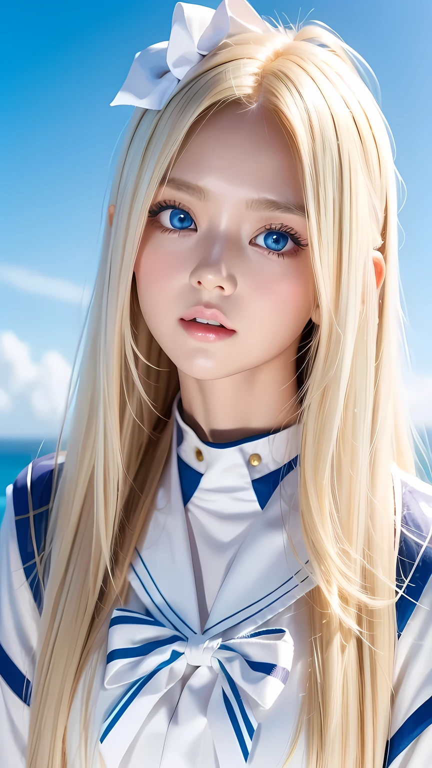 Beautiful girl with a pretty face、beautiful blonde straight super long hair、Half Body Shot、Beautiful long bangs hanging over the face、Very beautiful, bright, pale sky blue eyes、Very big eyes、Blonde hair between the eyes、Round face、Blonde hair above the eyes、片Blonde hair above the eyes、、Sailor suit、Very white and young skin、Cheek gloss、Cheek highlighter、Small Face Beauty