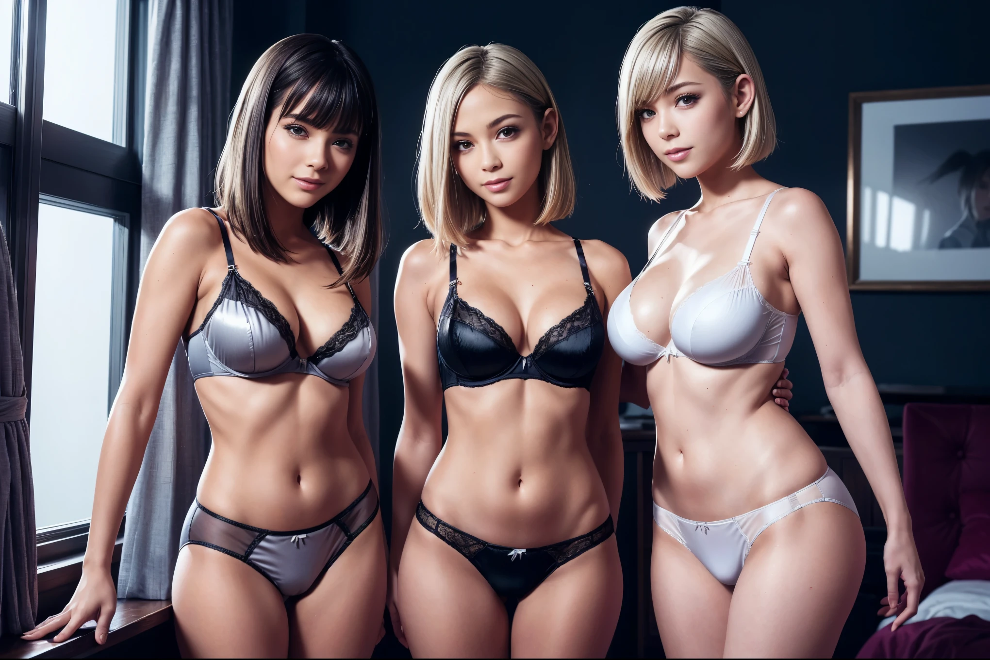 (Masterpiece, professional lighting, 16k, 8k wallpaper, raw photo, photorealistic: 1.8, ultra detailed natural soft lighting, detailed skin, detailed face, detailed eyes, textured skins, cinematic composition, back -detailed shot: 1.2), (girls, interior of the bedroom of a mountain chalet: 1.5, luxury furniture, feminine negligee: 1.1 cleavage), looking at the viewer, shy, shy, big breast embarrassed face, smile: 0.7, silky white skin, no makeup, shiny lips, group photo, (same, silky white, see through: 0.4), (nude: 0.3), (see panties), (3 girls: 1 perfect style, slender), ((attractive female body)), charcoal gray satin STRAIGHT shiny bra, charcoal gray satin STRAIGHT shiny panties, ((legs apart, thigh high, transparent, roafur)), blonde hair, straight hair, bob cut