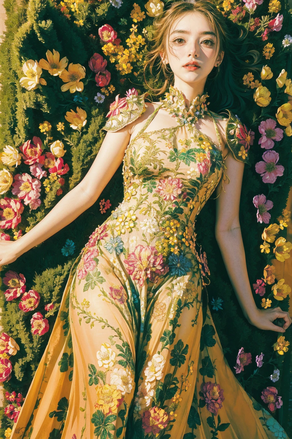 woman, flower dress, colorful, darl background,flower armor,green theme,