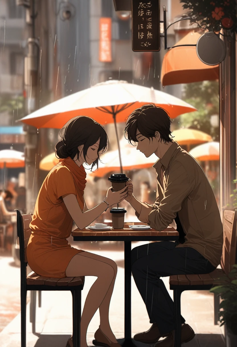 A couple sharing a cup of coffee at a sidewalk cafe, their hands intertwined on the table. Rain falls softly in the background. Pascal Campion style, digital painting, warm colors, intimate, romantic.