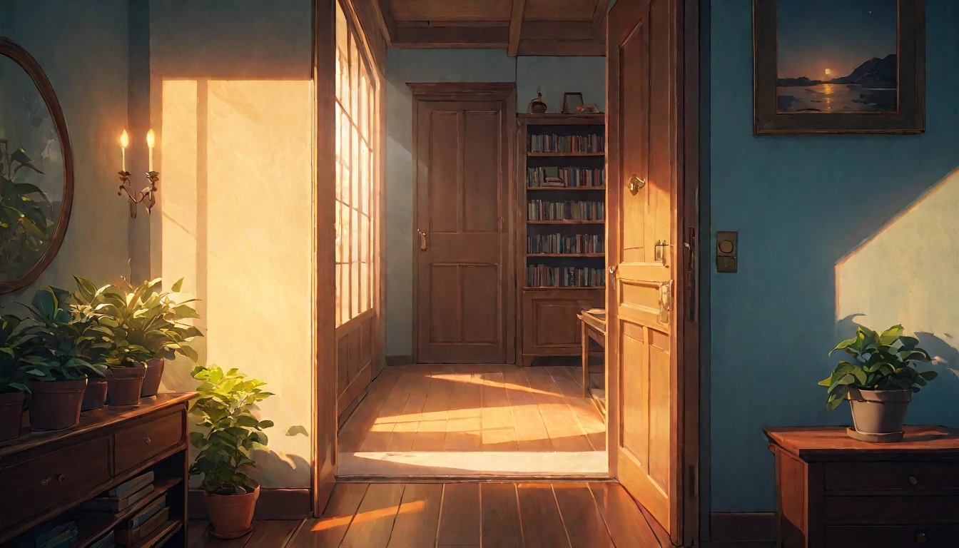 (best quality, 4k, 8K, high resolution, masterpiece: 1.2), Very detailed, (nobody: 1.5), Outside the door,Open door, indoor,cozy indoor, lamp, bookshelf, Potted plants,Sunlight
