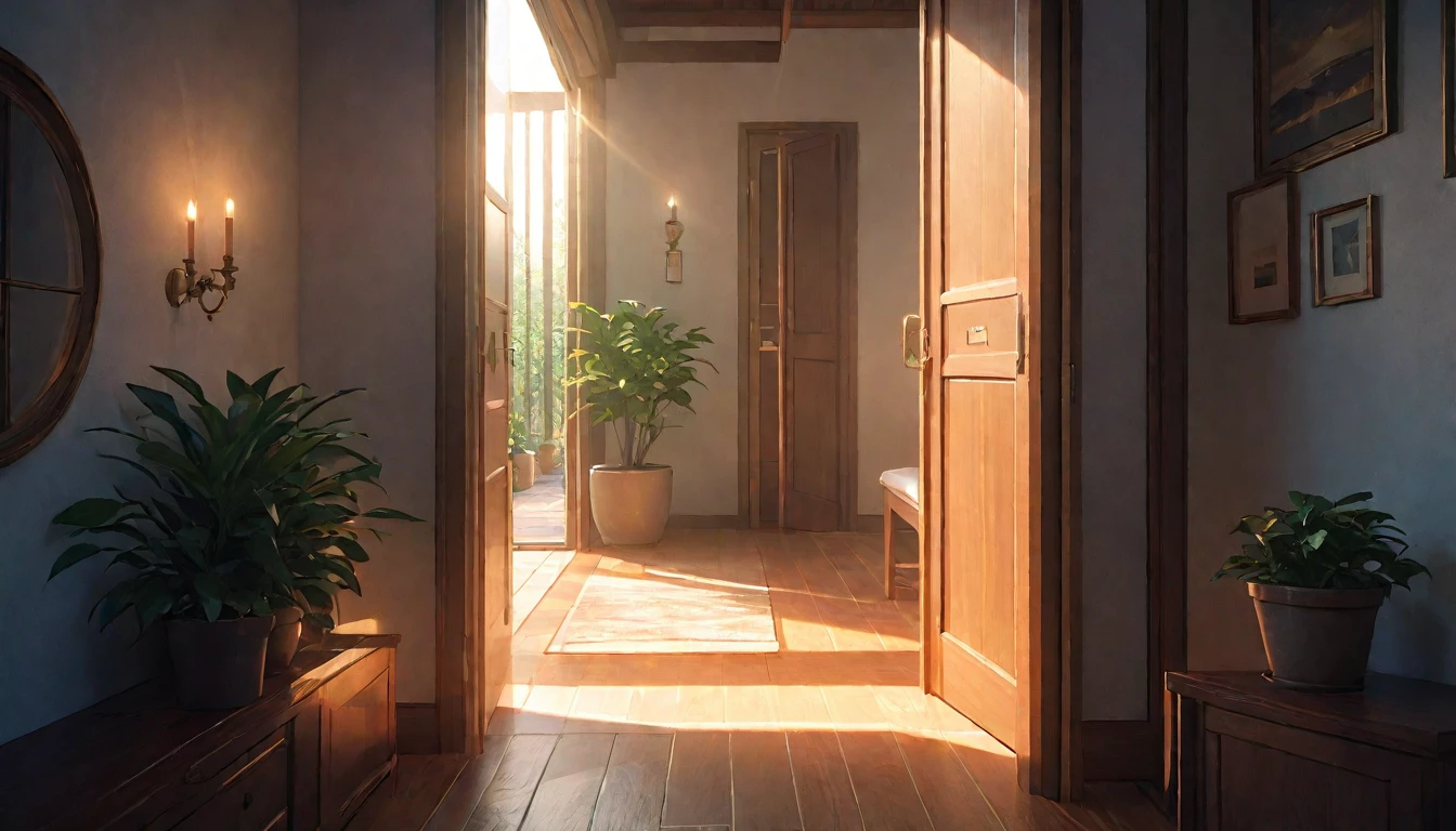(best quality, 4k, 8K, high resolution, masterpiece: 1.2), Very detailed, (nobody: 1.5), Outside the door,Open door, indoor,cozy indoor, lamp, bookshelf, Potted plants,Sunlight