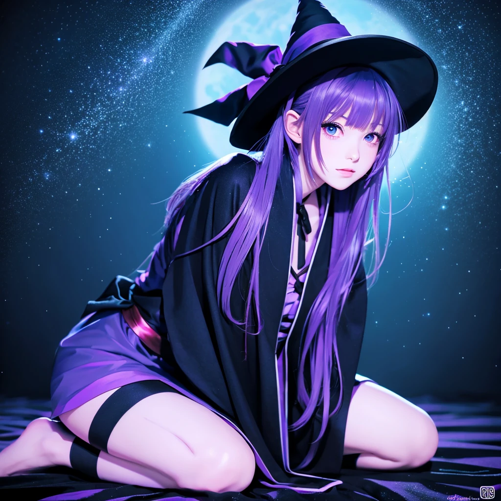 anime girl long purple hair wearing a black Robe. she has pointy ears. Witch Hat. Manga kawaii. iridescent ,An illustration,  Sitting position, (no background)