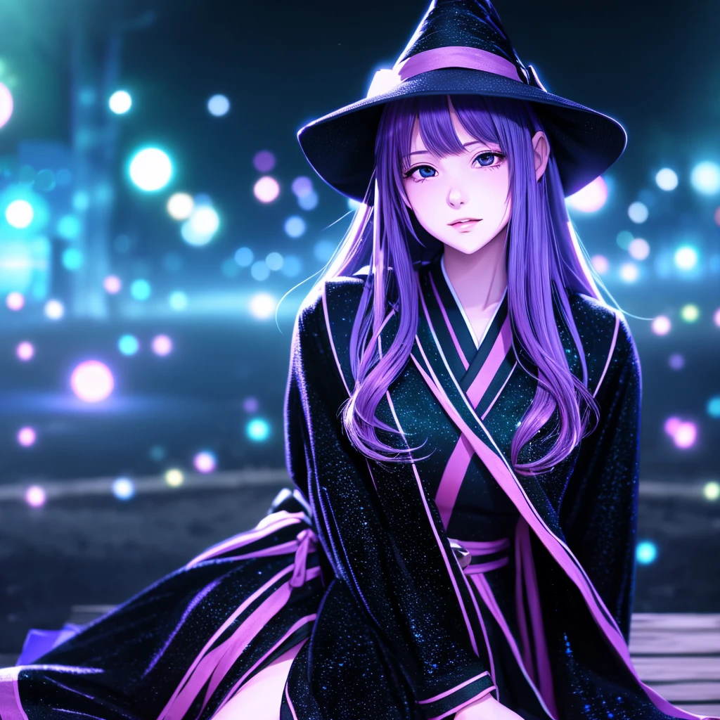 anime girl long purple hair wearing a black Robe. she has pointy ears. Witch Hat. Manga kawaii. iridescent ,An illustration, Sitting position, (no background)