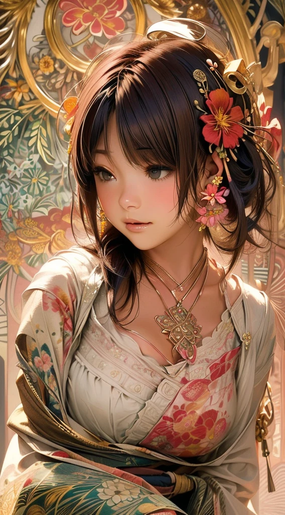 cute、Perfect Anatomy、Picturesque、sketch、texture、solo、Very detailed、(Fractal Art:1.1)、(Gentle colors:1.1)、(Floral:1.6)、Most detailed、(Zentangle:1.2)、(Dynamic pose)、(Abstract background:1.3)、(Glowing Skin)、(Many colors:0.8)、、(Earrings:1.4)、(feather:0.9)、Taisho romance,(masterpiece、Highest quality、Highest quality、Official Art、Beautiful and aesthetic:1.2)、