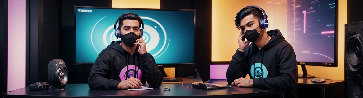 cartoon of a man in a realsitic awesome hoodie sitting at a desk with a microphone on desk, blue yeti microphone, discord profile picture, cyber aesthetic, the encrypted metaverse, art depicting control freak, background artwork, vaporwave cartoon, black hair, talking into microphone, 2d illustration, cyberpunk art, with a mask wearing headphones in a home studio, laptop on table, influencer, looking into camera, YouTube studio, background wall with youtube golden play button, best quality, hd, face and body in center facing towards camera on that tv the logo of Klassy 
