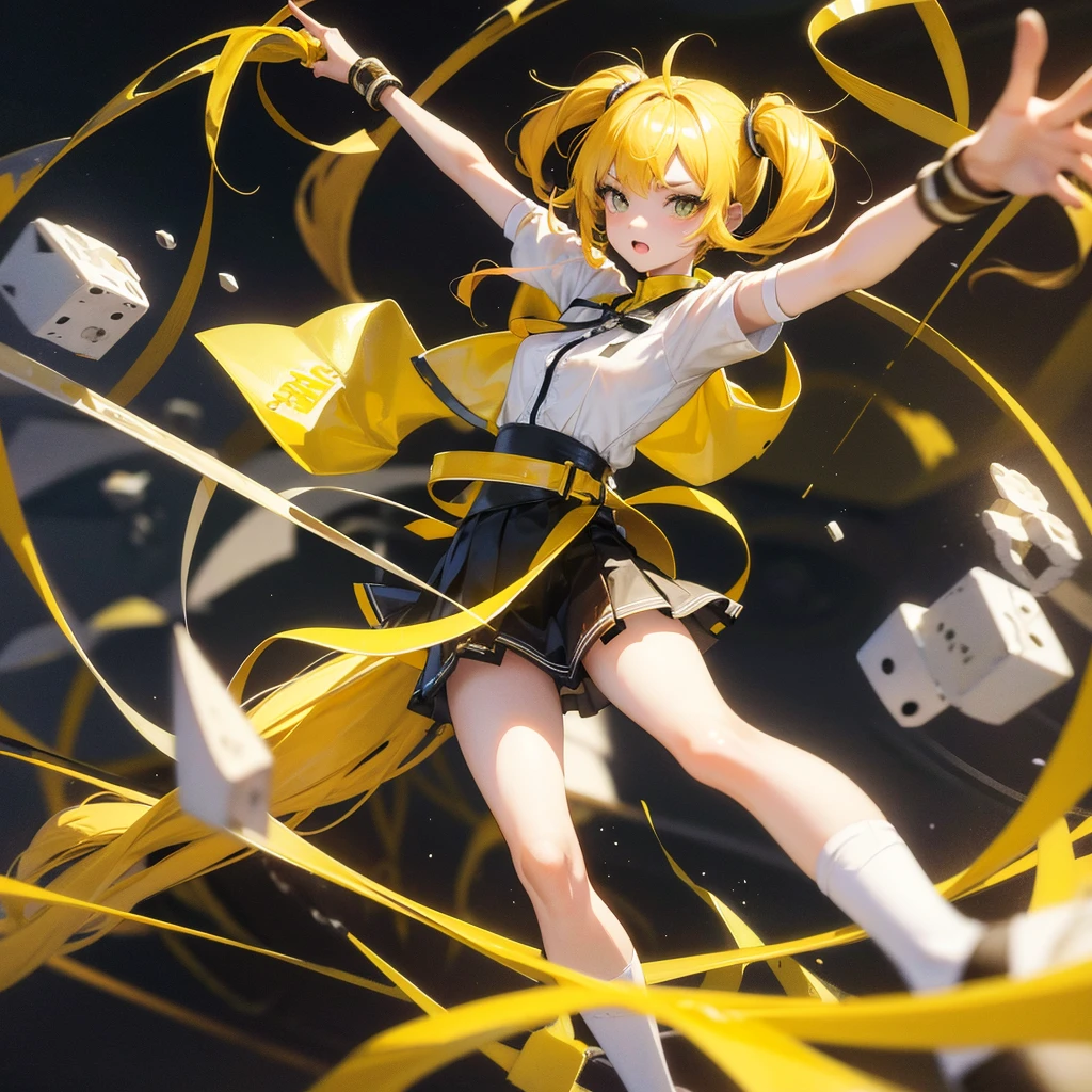 girl in a very short skirt, yellow hair, Twin Tail, full height, 3D wallpaper.