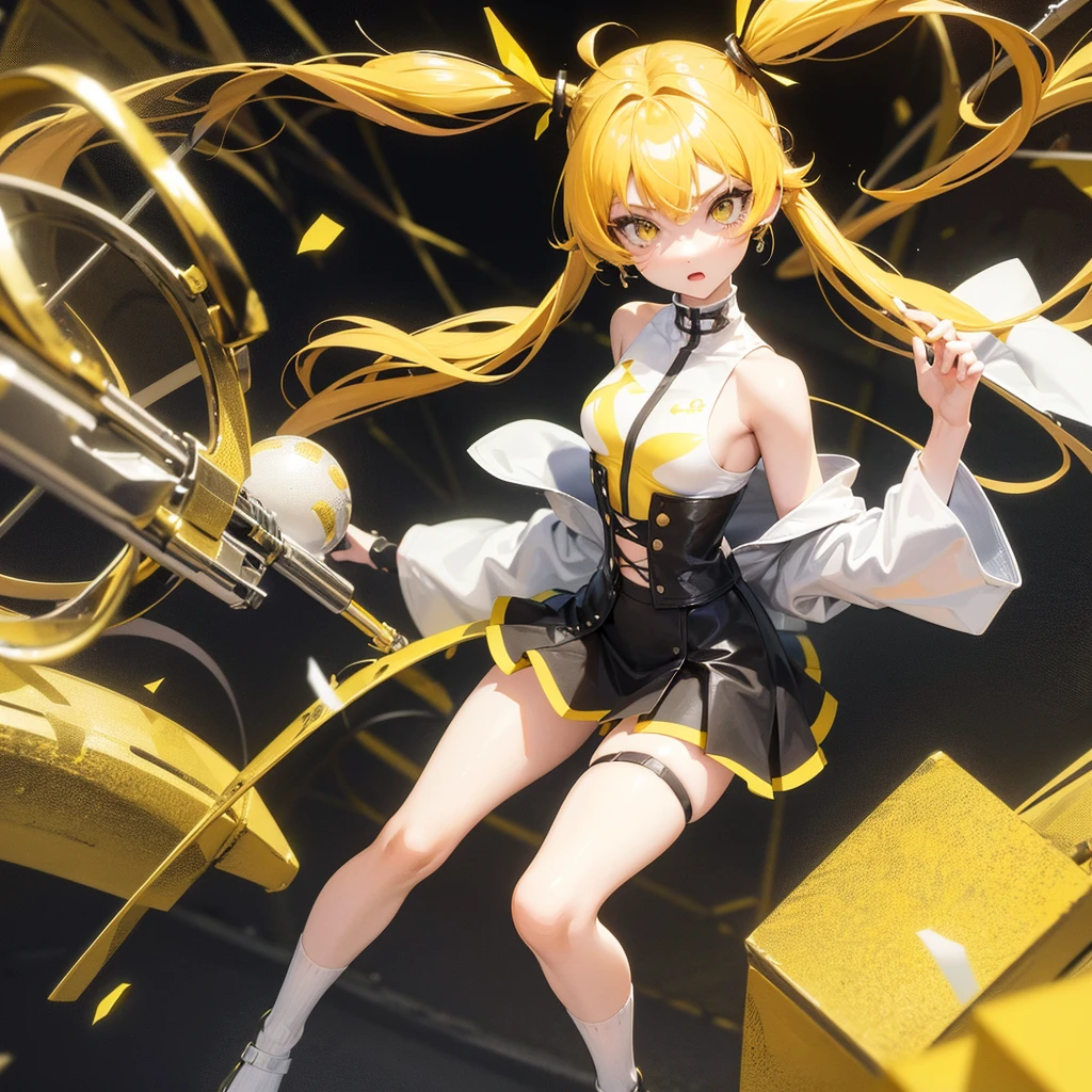 girl in a very short skirt, yellow hair, Twin Tail, full height, 3D wallpaper.