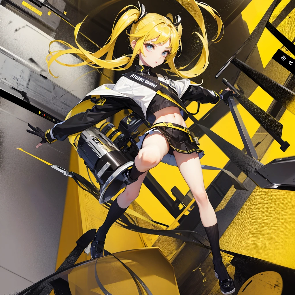 girl in a very short skirt, yellow hair, Twin Tail, full height, 3D wallpaper.