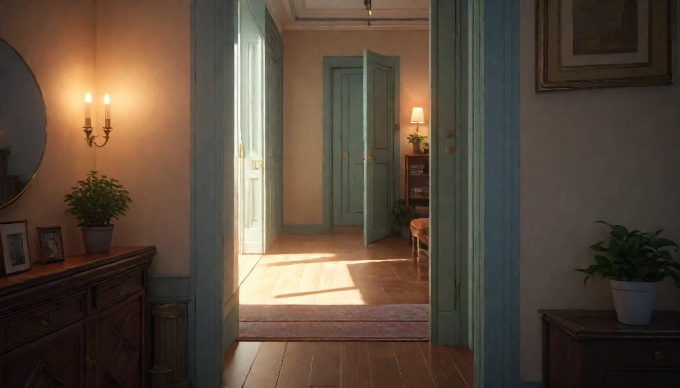 (best quality, 4k, 8K, high resolution, masterpiece: 1.2), Very detailed, (nobody: 1.5), Outside the door,Open door, indoor,cozy indoor, lamp, bookshelf, Potted plants