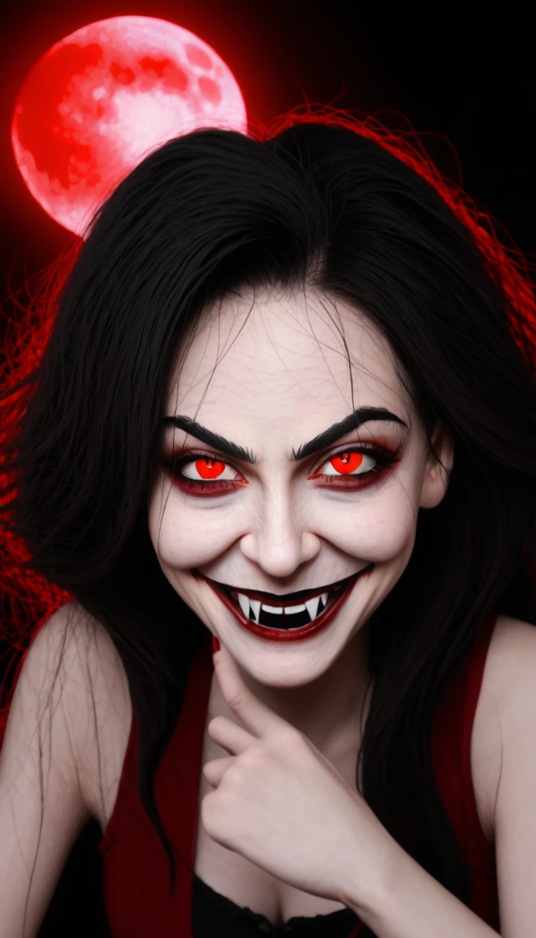 Red Eyes, vampire 牙齿 尖牙, bad face, Mouth, giggle,Batwing, scary smile, psychopathic giggle, Sick smile, scary, oral help, Angry eyes, vampire, Dark sky background, Red + blue + Green, glowing Red moon