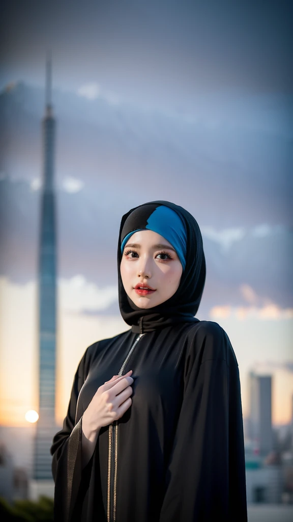 (((HD photo))), ultra high res.photorealistic:. 1.4, UHD 24-year-old woman wearing a black Abaya and Khimar Hijab. In the background, a modern skyline rises against the horizon, juxtaposed with the silhouette of a mosque illuminated by the glow of the setting sun, symbolizing the coexistence of spirituality and progress in the modern world.