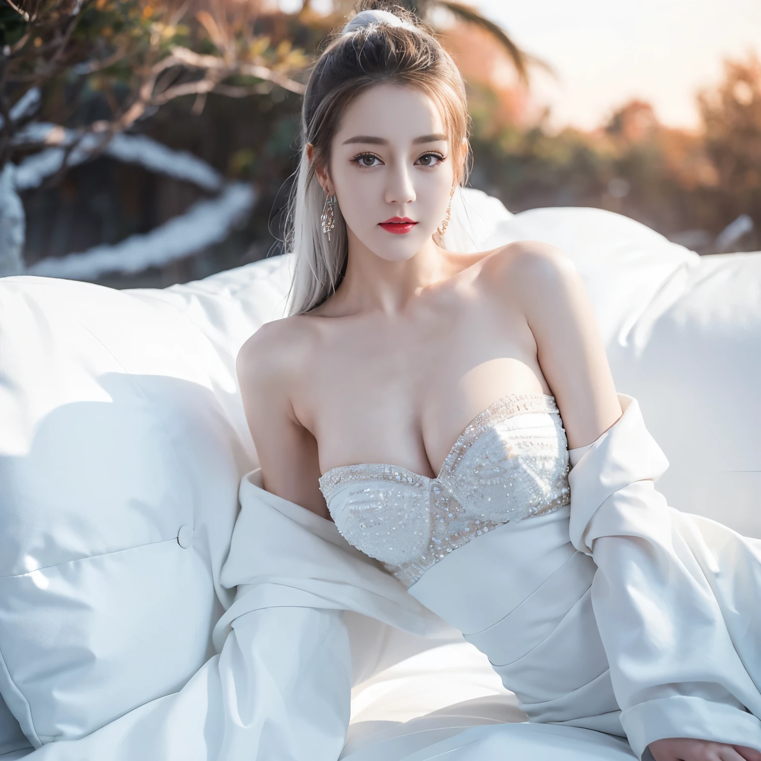 ((top quality、8k、Masterpiece:1.3))、Extremely delicate and beautiful girl,full-body shot,(huge breasts:1.4),bigger breasts,amazing breast size,G cup。Wear big earrings,Very white skin,moist red lips,Waist is very thin,Thighs are very thin,big butt,fair and smooth skin,Smooth and fair skin,flawless skin,Fair and shiny skin,cold white skin,The camera focuses on the chest,Bright light,White tube top dress,bare shoulders,white hair,hair is white,heavy snow,snow mountain,sunset,Rizhao Jinshan,happy