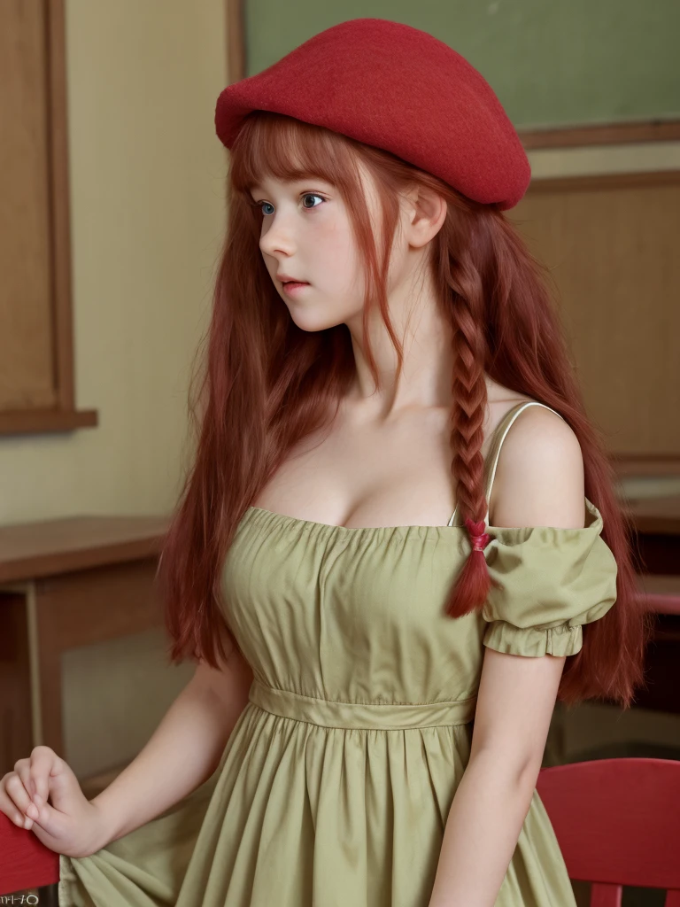 (best quality,4k,8k,highres,masterpiece:1.2),ultra-detailed,(realistic,photorealistic,photo-realistic:1.37), ((classroom, young girl, she wears long dress and beret, shy, braided red hair, pale skin)), ((slim body, very large bust size for her young age))
