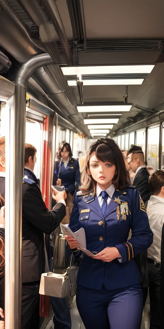 sfv, realista, Obra maestra, Detailed interior scene of busy subway train, Detailed background of VERY crowded subway train interior, Sty crazy (mujer 1) usa sexy ((uniforme escolar)), (((falda levantada)), (gran culo), (Grueso), (scared expression), Estar rojo en la cara, Young little man touching woman&#39;s ass from behind 1, The man&#39;s crotch is close to the woman&#39;s backside(((The old man pressed his chest against mujer 1's back))) y (((Hold his waist behind you)))