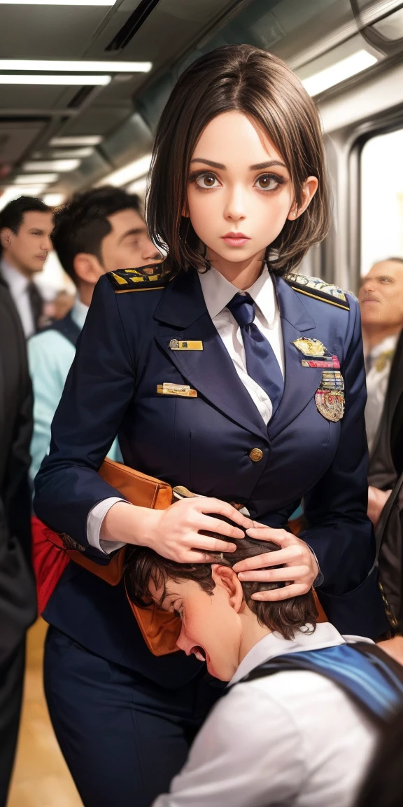 sfv, realista, Obra maestra, Detailed interior scene of busy subway train, Detailed background of VERY crowded subway train interior, Sty crazy (mujer 1) usa sexy ((uniforme escolar)), (((falda levantada)), (gran culo), (Grueso), (scared expression), Estar rojo en la cara, Young little man touching woman's ass from behind 1, The man's crotch is close to the woman's backside(((The old man pressed his chest against mujer 1's back))) y (((Hold his waist behind you)))
