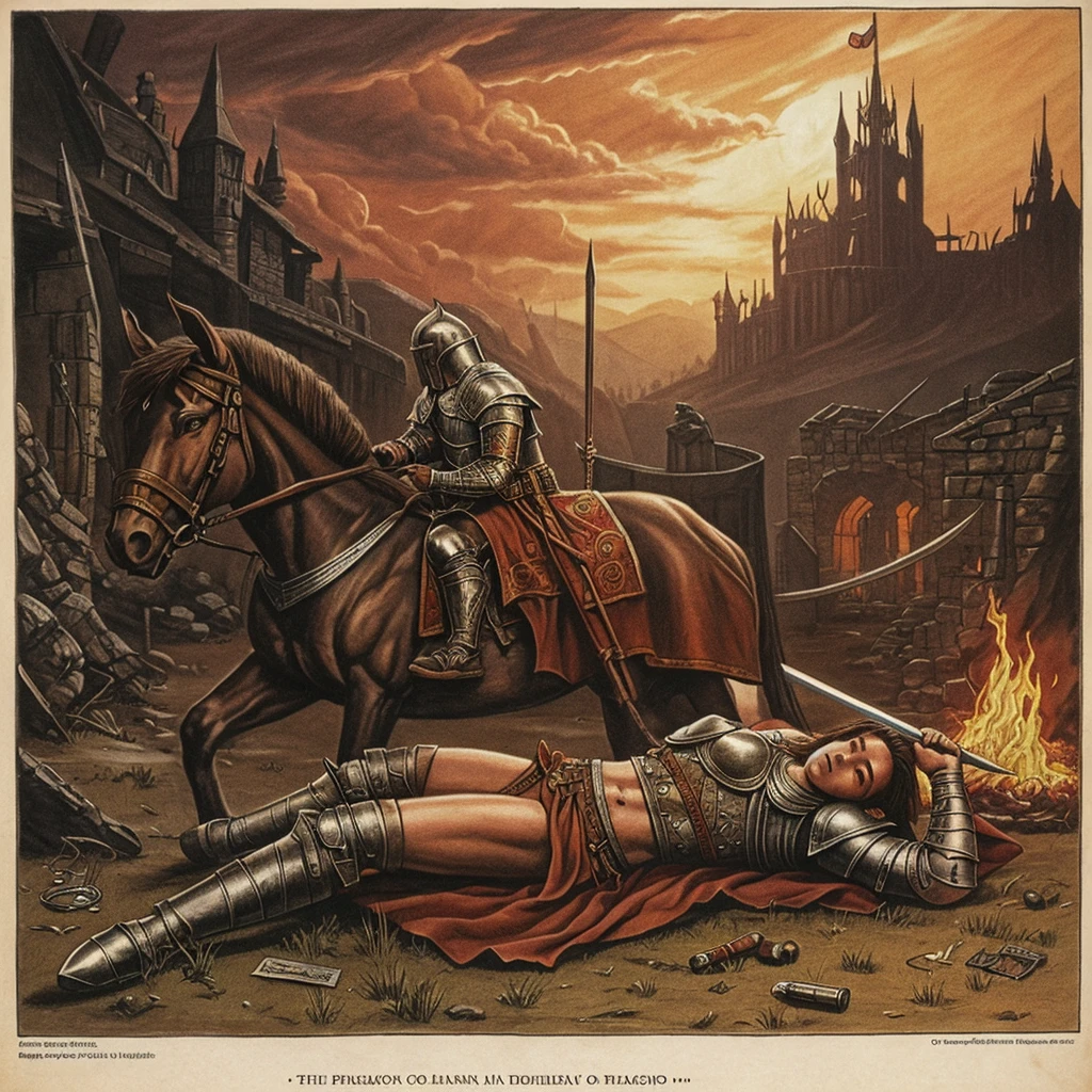 1970's dark fantasy book cover paper art dungeons and dragons style drawing of a knight as he lies wounded watching his kingdom burn in the distance, accepting his fate 