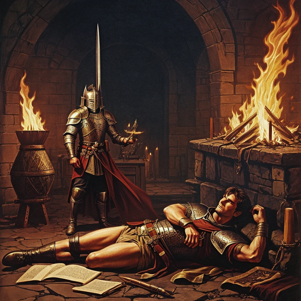 1970's dark fantasy book cover paper art dungeons and dragons style drawing of a knight as he lies wounded watching his kingdom burn in the distance, accepting his fate