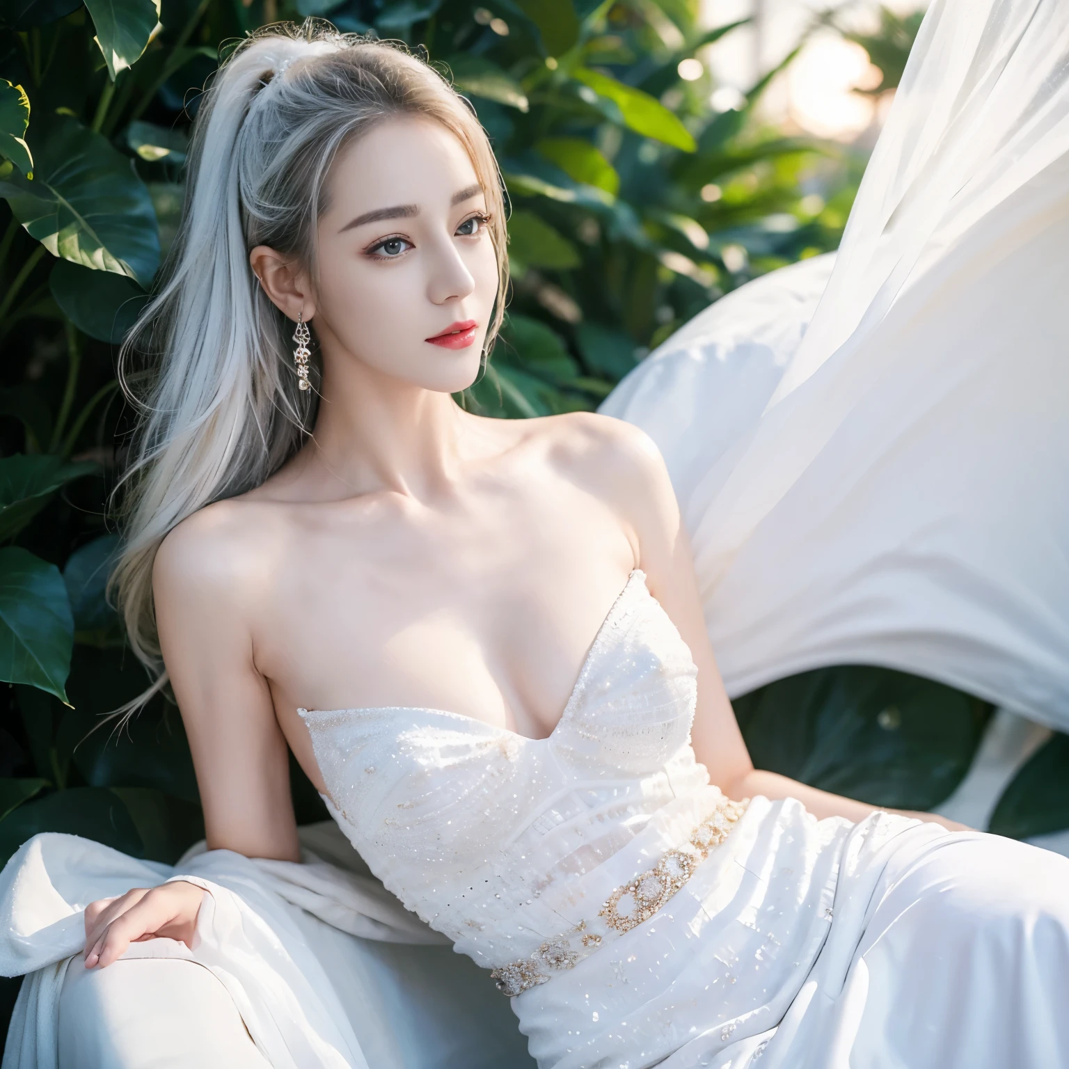 ((top quality、8k、​Masterpiece:1.3))、Extremely delicate and beautiful girl，full-body shot，(huge breasts:1.4)，bigger breasts，amazing breast size，G cup。Wear big earrings，Very white skin，moist red lips，Waist is very thin，Thighs are very thin，big butt，fair and smooth skin，Smooth and fair skin，flawless skin，Fair and shiny skin，cold white skin，The camera focuses on the chest，Bright light，White tube top dress，bare shoulders，white hair，hair is white，heavy snow，snow mountain，sunset，Rizhao Jinshan，happy