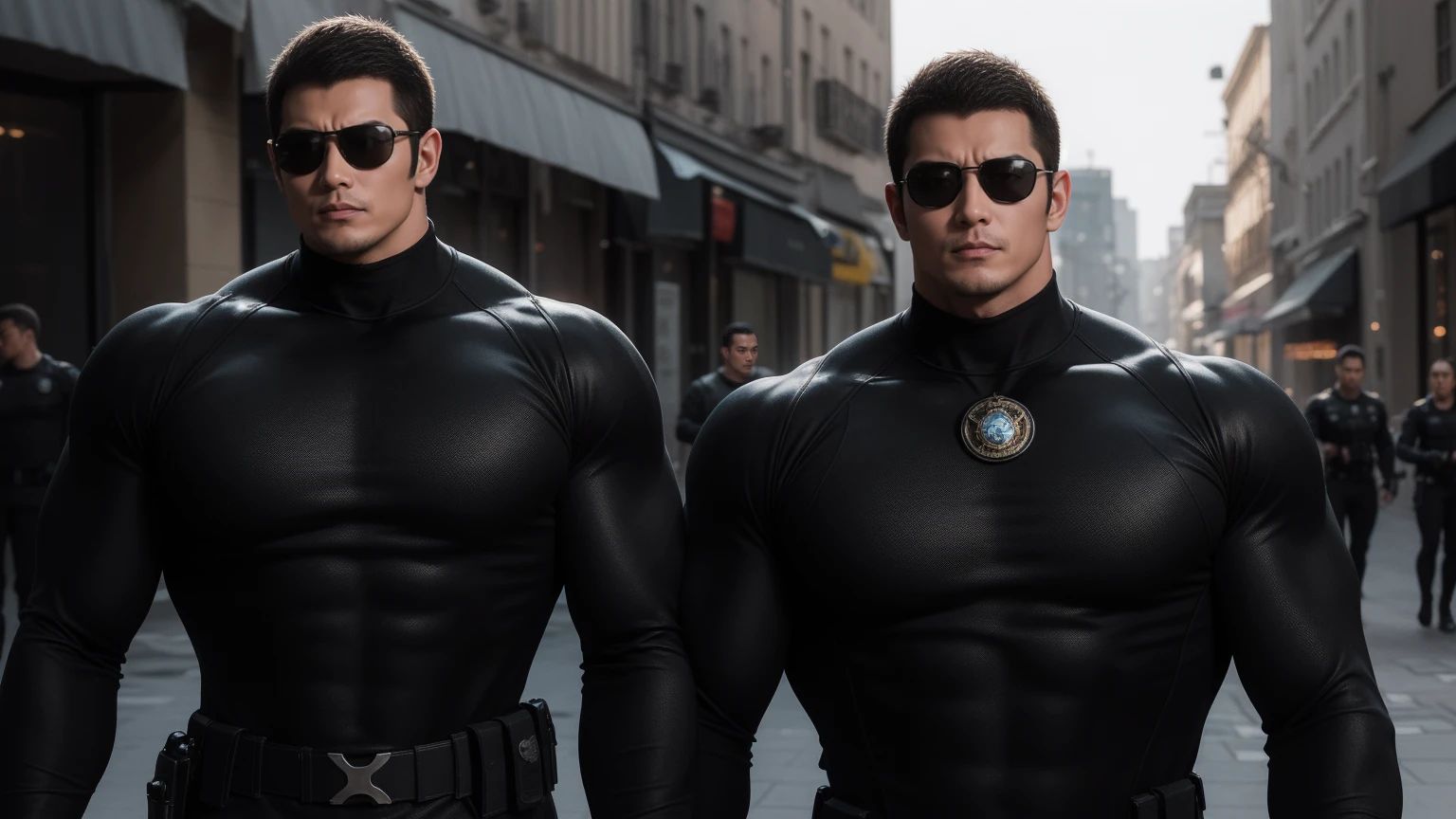 Super muscular man hugging, Sad eyes,Wear sunglasses,They embrace affectionately,short hair,On a vintage outdoor street under the hot sun, Wear long sleeves, Deep turtleneck bodysuit, Thickened warm elastic texture,The clothes are dirty,There are mud stains,Looks sad, Thick thighs, messy hair, Thick thighs, High target-necked long-sleeved dark yellow high-necked tights, very tight, Regular symmetrical pattern, High targetlight muscles, Police uniform pants, character concept(Resident Evil - chris redfield, chris redfield)A proud expression, Deep and charming eyes, Valiant male pose, tall Burly, muscular!muscular thighs, Tough Guy, Perfect facial features, High target, Burly, Heqiang, Super exquisite and cool, High target Resolution Committee, Attractive, The sun is blazing, Dazzling