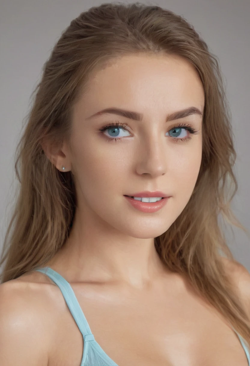 a russian lady,highest quality. big eye,fullbody, woman posing confidently in front of a crisp background, her long hair flowing down her back like a golden waterfall. Radiant smile illuminates her face as she showcases her toned physique in yoga shorts and crop top. Camera zooms in with sharp focus on her eyes, highlighting individual skin pores and every detail. Shot in 8K high definition, perfectly lit to emphasize her beauty. Edited in Adobe Lightroom for optimal color accuracy, this ultra-detailed masterpiece captures her elegance and charm.red