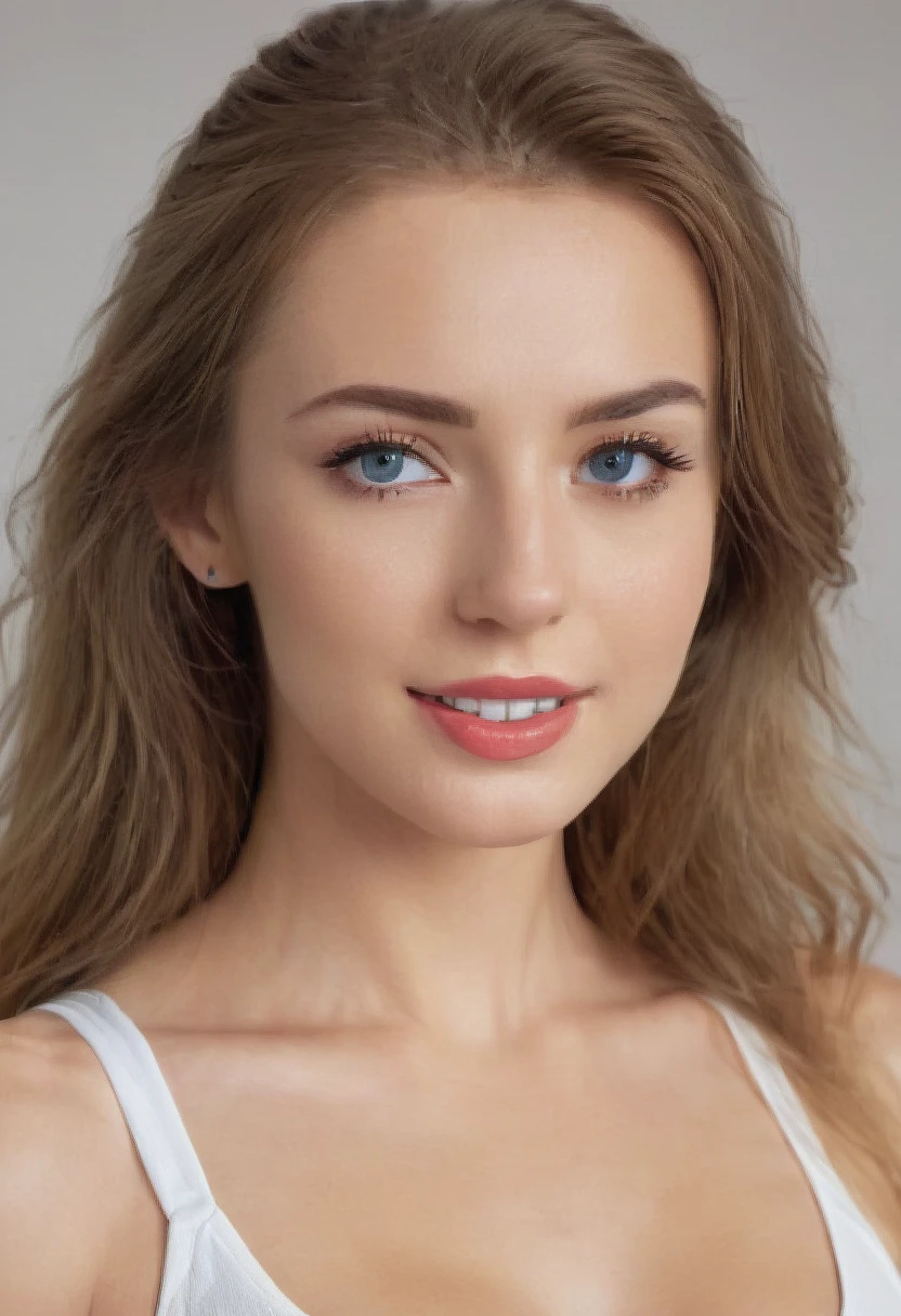 a russian lady,highest quality. big eye,fullbody, woman posing confidently in front of a crisp background, her long hair flowing down her back like a golden waterfall. Radiant smile illuminates her face as she showcases her toned physique in yoga shorts and crop top. Camera zooms in with sharp focus on her eyes, highlighting individual skin pores and every detail. Shot in 8K high definition, perfectly lit to emphasize her beauty. Edited in Adobe Lightroom for optimal color accuracy, this ultra-detailed masterpiece captures her elegance and charm.red