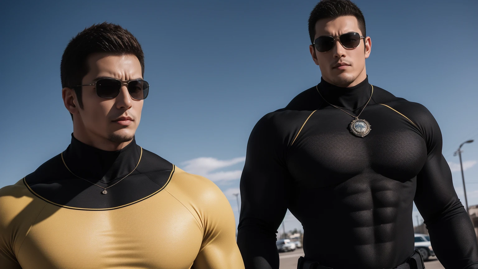 Super muscular man hugging, Sad eyes,Wear sunglasses,They embrace affectionately,short hair,On a vintage outdoor street under the hot sun, Wear long sleeves, Deep turtleneck bodysuit, Thickened warm elastic texture,The clothes are dirty,There are mud stains,Looks sad, Thick thighs, messy hair, Thick thighs, High target-necked long-sleeved dark yellow high-necked tights, very tight, Regular symmetrical pattern, High targetlight muscles, Police uniform pants, character concept(Resident Evil - chris redfield, chris redfield)A proud expression, Deep and charming eyes, Valiant male pose, tall Burly, muscular!muscular thighs, Tough Guy, Perfect facial features, High target, Burly, Heqiang, Super exquisite and cool, High target Resolution Committee, Attractive, The sun is blazing, Dazzling