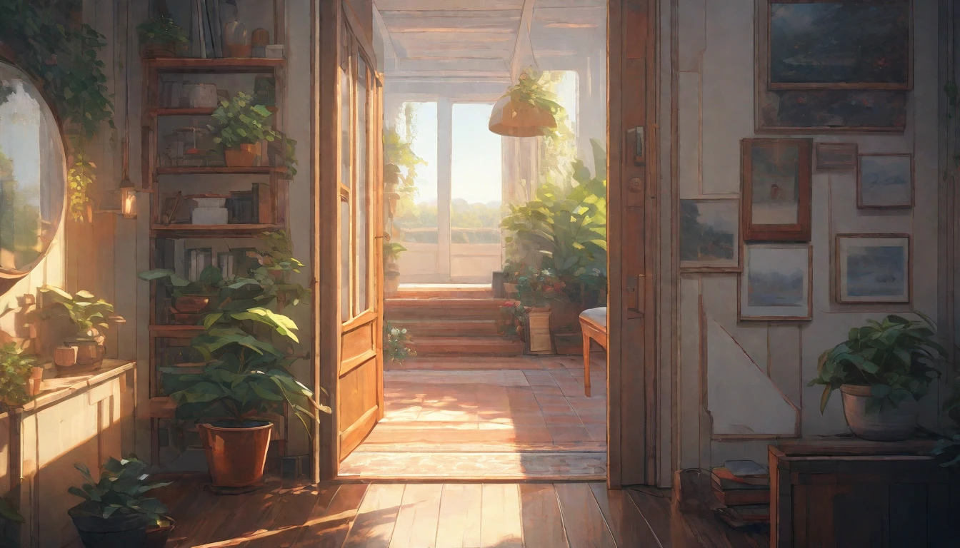(best quality, 4k, 8K, high resolution, masterpiece: 1.2), Very detailed, (nobody: 1.5), Outside the door，Open door， indoor，cozy indoor, lamp, bookshelf, Potted plants