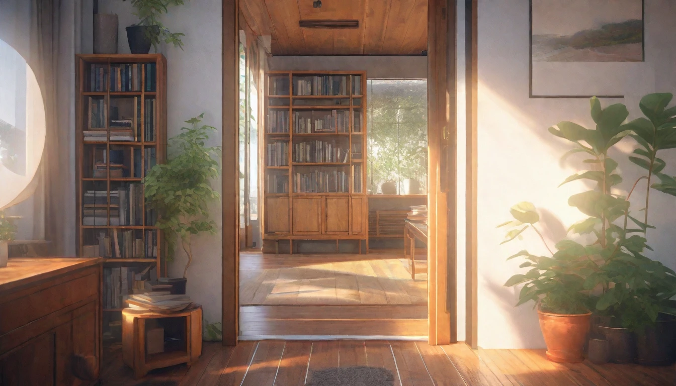 (best quality, 4k, 8K, high resolution, masterpiece: 1.2), Very detailed, (nobody: 1.5), Outside the door,Open door, indoor,cozy indoor, lamp, bookshelf, Potted plants