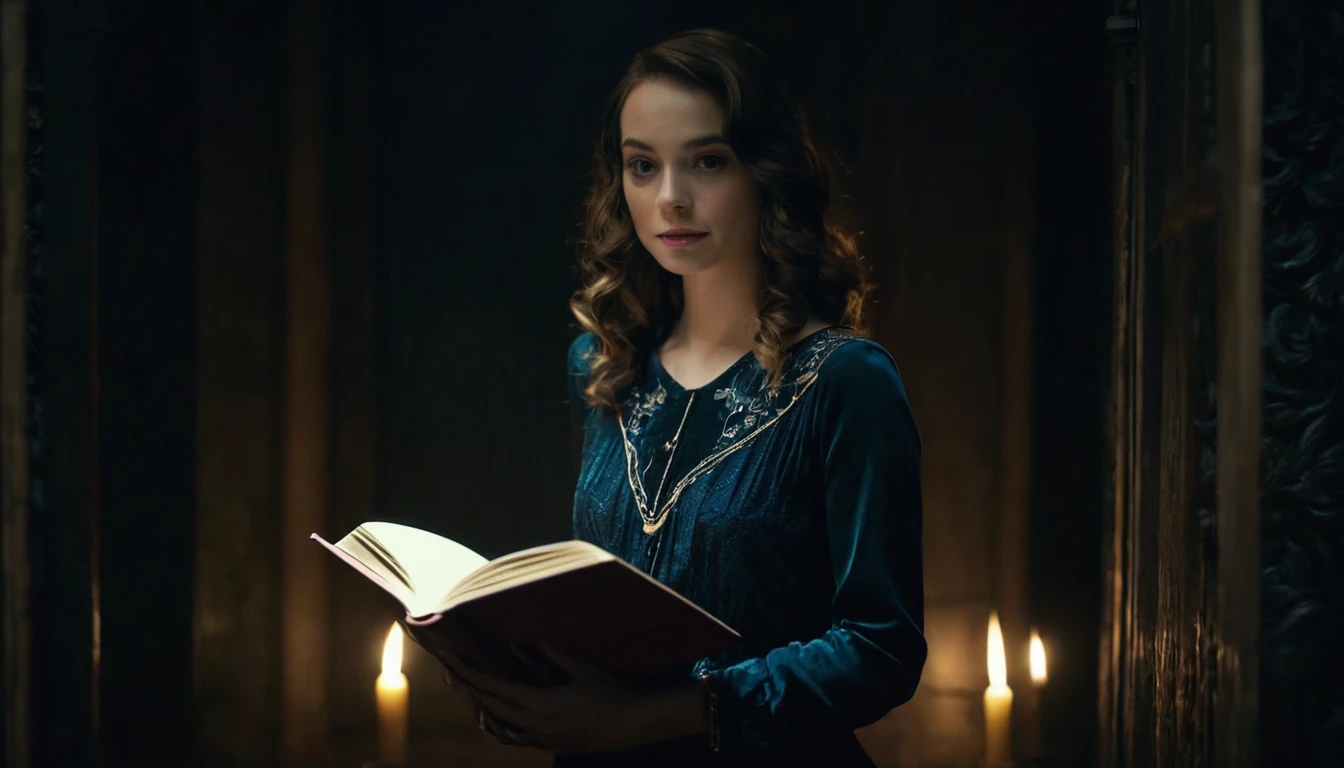 A detailed image of a 20s female, holding a book, in a dark mysterious room, during the late night, taken with a cinematic camera, using portrait with cinematic lighting --ar 16:9 --s 1000 --v 6