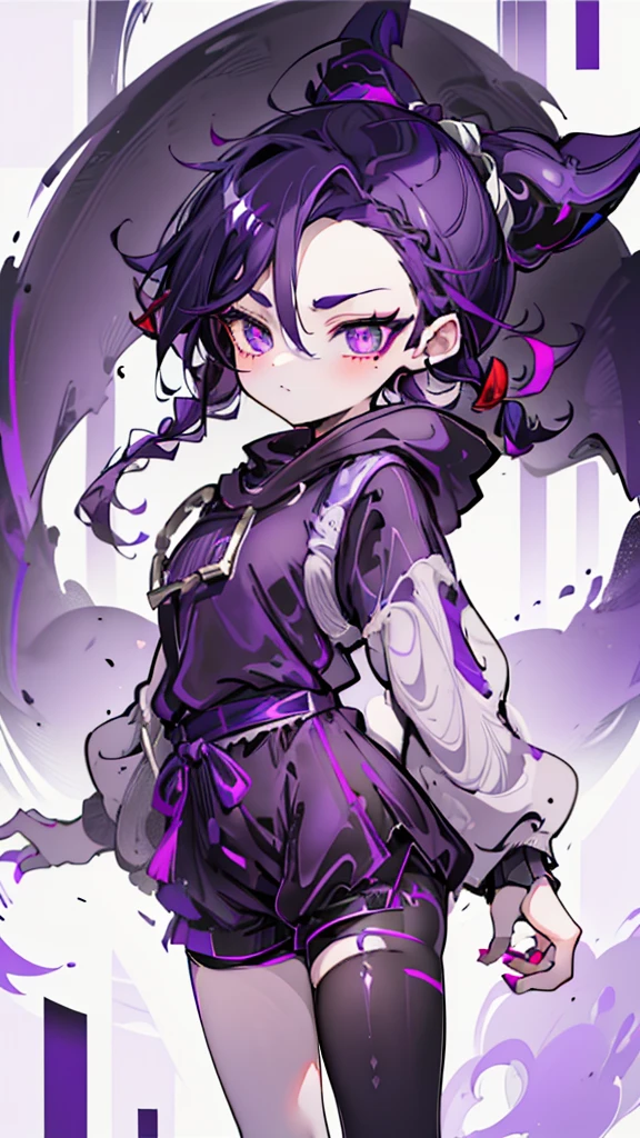 boy rabbit thoughtful look open forehead. dark purple hair braided into a ponytail on the left side. sinuous black horns wrapped in dark purple ribbon. pale violet eyes. in short dark purple shorts. long white T-shirt. dark purple knee-high socks. white long cloak with hood inside. stone walls purple light