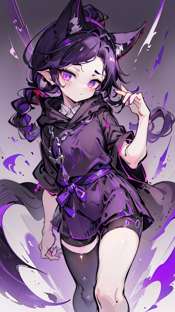 boy rabbit thoughtful look open forehead. dark purple hair braided into a ponytail on the left side. sinuous black horns wrapped in dark purple ribbon. pale violet eyes. in short dark purple shorts. long white T-shirt. dark purple knee-high socks. white long cloak with hood inside. stone walls purple light