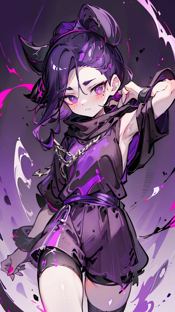 boy rabbit thoughtful look open forehead. dark purple hair braided into a ponytail on the left side. sinuous black horns wrapped in dark purple ribbon. pale violet eyes. in short dark purple shorts. long white T-shirt. dark purple knee-high socks. white long cloak with hood inside. stone walls purple light