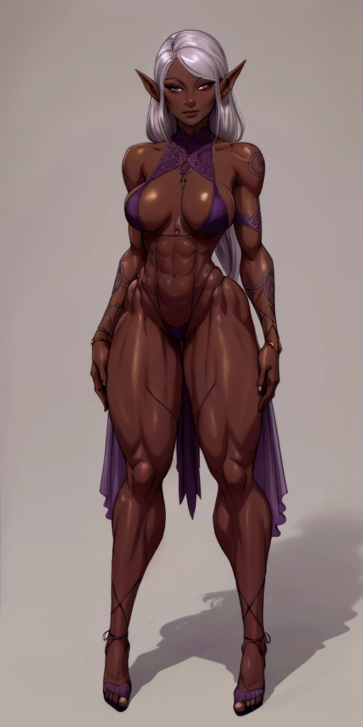 Full body, masterpiece, 1solofemale drow elf purple grey dark skin standing pose yellow bikini, 2legs, 2arms