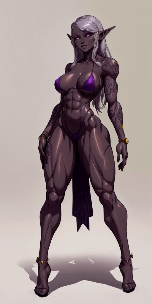 Full body, masterpiece, 1solofemale drow elf purple grey dark skin standing pose yellow bikini, 2legs, 2arms
