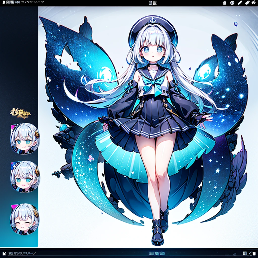 1girl、The best dynamic composition、hbyxcj, scenery、(((最high quality、最高masterpiece、Super detailed、Official Art、The best dynamic composition)))、Anime Style、Dynamic pose、Dynamic composition、whole body,masterpiece, 最high quality, high quality, Very detailed CG uniform 8k wallpaper, arm written depth, High resolution, bloom, chromatic aberration, realism, Very detailed, Art Station Complex, High detail, dramatic、Huge⚓、anchor、In a white sailor suit、Light blue line、Sailor、Gray hair and light blue gradient hair color、Sparkling、The glow of the sea is reflected、Disorganized、Fantasy、Fantasy、 long sleeves, fingerless gloves, (White background)、