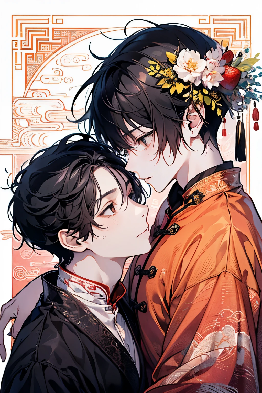 (Two men facing each other:1.45)、((Trying to kiss with your eyes closed:1.1)),((boys love:1.25)),(masterpiece、highest quality、highest quality、Beautiful and beautiful:1.2)、(Good anatomy:1.5)、Painting of a Man with milky blonde wave hair、Shy smile、Sparkling Eyes、looking down、strawberry pattern background、((long hair:1.2))、(black hair:1.45)、(black、pink、orange、yellow:1.2)、(Chinese hanfu concept:1.25)、((high quality view:1.2)),Close-up of face