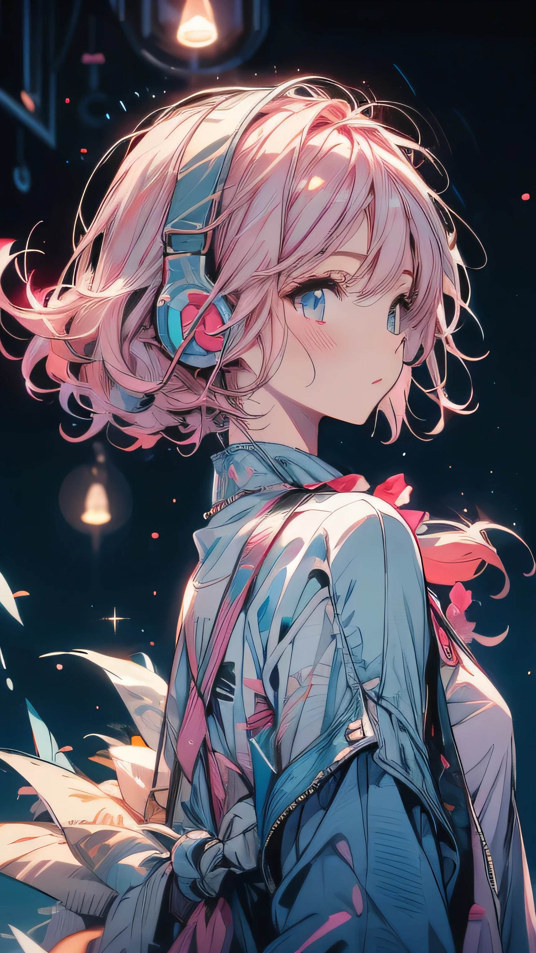 Pink Hair，White camisole，night starry sky background，Sad expression，Double Tail,headphone,night,moon,Star,meteor,Looking up at the stars