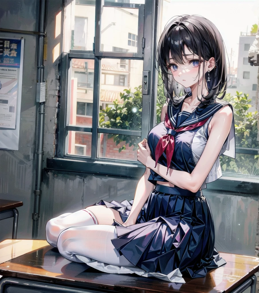 full body, earring, medium hair, medium tits, tearful mole, school_uniform, sailor uniform, sleeveless, school, classroom,