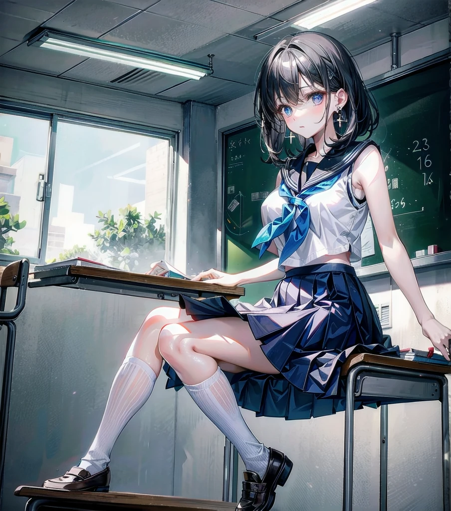 full body, earring, medium hair, medium tits, tearful mole, school_uniform, sailor uniform, sleeveless, school, classroom,