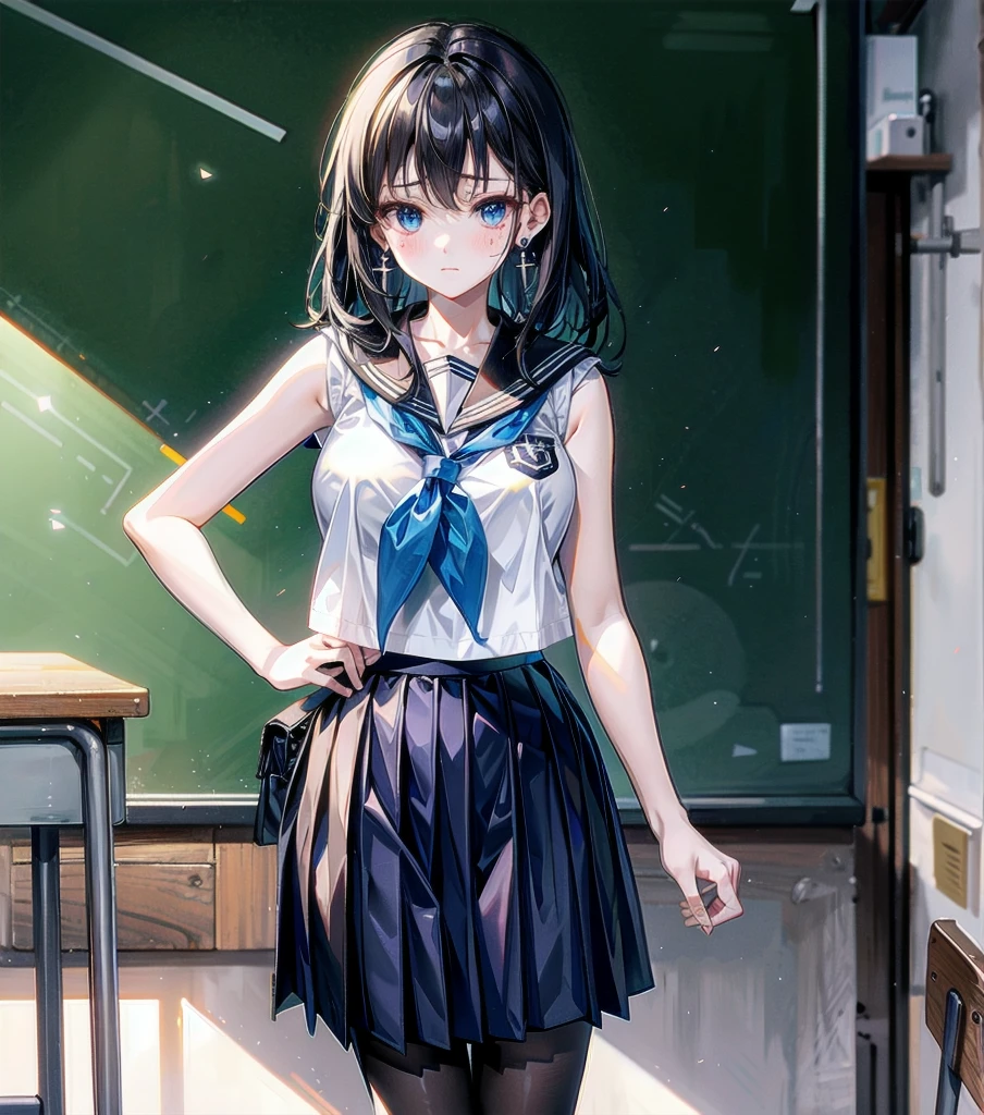 full body, earring, medium hair, medium tits, tearful mole, school_uniform, sailor uniform, sleeveless, school, classroom,