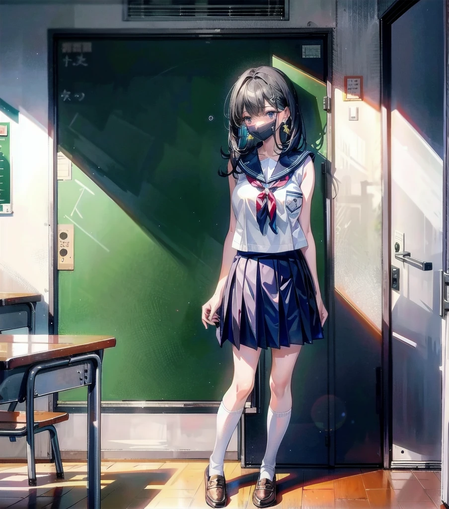 full body, earring, medium hair, medium tits, tearful mole, school_uniform, sailor uniform, sleeveless, school, classroom,