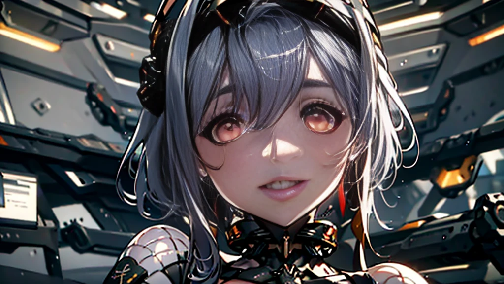 ((Best quality)), ((masterpiece)), (detailed:1.4), 3D, an image of a beautiful cyberpunk female, Yandere , Yandere Face , Trance , Trance Eyes , yameroyandere , constricted pupils , yandere , empty eyes . shaded face , crazy eyes , glowing red eyes , crazy smile , Marian , long silver hair , Black Dress , Red Eyes, Black undercloth, large breasts, HDR (High Dynamic Range),Ray Tracing,NVIDIA RTX,Super-Resolution,Unreal 5,Subsurface scattering,PBR Texturing,Post-processing,Anisotropic Filtering,Depth-of-field,Maximum clarity and sharpness,Multi-layered textures,Albedo and Specular maps,Surface shading,Accurate simulation of light-material interaction,Perfect proportions,Octane Render,Two-tone lighting,Wide aperture,Low ISO,White balance,Rule of thirds,8K RAW,