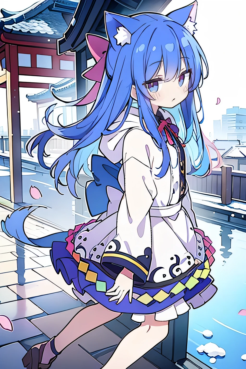 （masterpiece：1.2），Super detailed，lifelike，Expressive eyes，fair skin，perfect face shape，1 girl，
Japanese comics,Gorgeous blue hair,flowing blue hair,flowing clothes,Cat ears,Petals fall,beautiful lola,Baby Angel,
Shaking head with one hand，Cross your legs，Gentle and peaceful background，The pavilion is cool and comfortable,smile, wearing hoodie, background of tokyo,back views,snowing, winter.