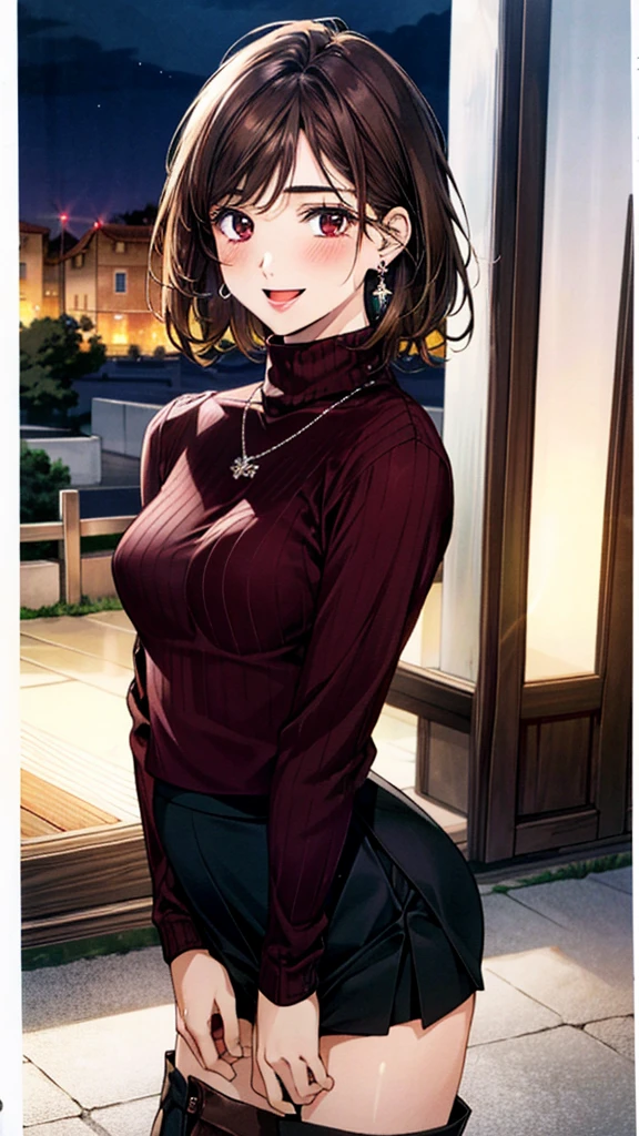 (masterpiece:1.3, Highest quality, Ultra-high resolution, Super detailed), (Realistic, photoRealistic:1.4), Beautiful illustrations, Perfect lighting, colorful, Depth of written boundary, 
Beautiful detailed hair, Beautifully detailed face, Beautiful fine details, Beautiful clavicle, Beautiful body, Beautiful breasts, Beautiful thighs, Beautiful feet, Beautiful fingers, 
View Viewer, Front view:0.6, 1 girl, Japanese, Female college student, Perfect Face, (Perfect Anatomy, Anatomically correct), Cute and symmetrical face, Baby Face, , Shiny skin, 
((burgundy turtleneck sweater：1.4, skirt:1.4)),(Stylish boots:1.2) 
(Brown Hair, Short Hair:1.4),  Dark brown eyes, (Large Breasts), thin, 
necklace, (Small earrings:1.3), 
(Retro feel), (night), (Cafe), ,, (smile, Open your mouth), 