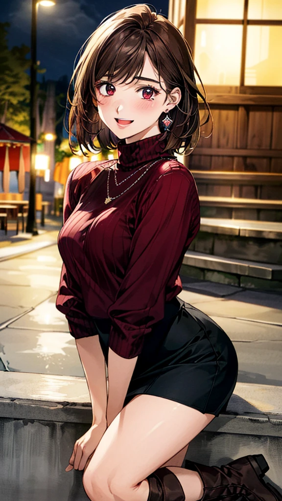 (masterpiece:1.3, Highest quality, Ultra-high resolution, Super detailed), (Realistic, photoRealistic:1.4), Beautiful illustrations, Perfect lighting, colorful, Depth of written boundary, 
Beautiful detailed hair, Beautifully detailed face, Beautiful fine details, Beautiful clavicle, Beautiful body, Beautiful breasts, Beautiful thighs, Beautiful feet, Beautiful fingers, 
View Viewer, Front view:0.6, 1 girl, Japanese, Female college student, Perfect Face, (Perfect Anatomy, Anatomically correct), Cute and symmetrical face, Baby Face, , Shiny skin, 
((burgundy turtleneck sweater：1.4, skirt:1.4)),(Stylish boots:1.2) 
(Brown Hair, Short Hair:1.4),  Dark brown eyes, (Large Breasts), thin, 
necklace, (Small earrings:1.3), 
(Retro feel), (night), (Cafe), ,, (smile, Open your mouth), 